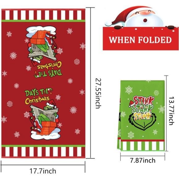 Red | Kitchen Towels 2 Pieces Christmas | 17.7 x 27.5 Inch | Grinch Decorations - Picture 5 of 7
